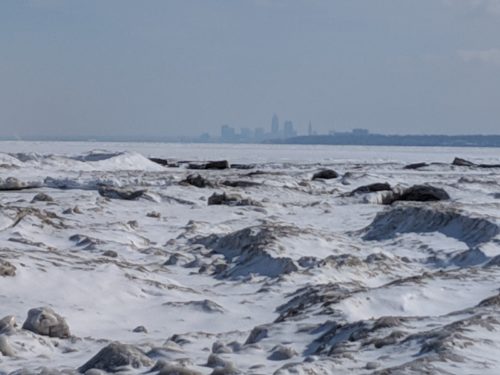 View of Cleveland and Frozen Lake Erie